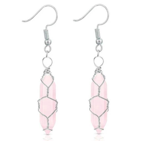 Retail $30 Silver Wire & Pink Crystal Hexagon Prism Hook Earrings*NEW - Picture 1 of 1